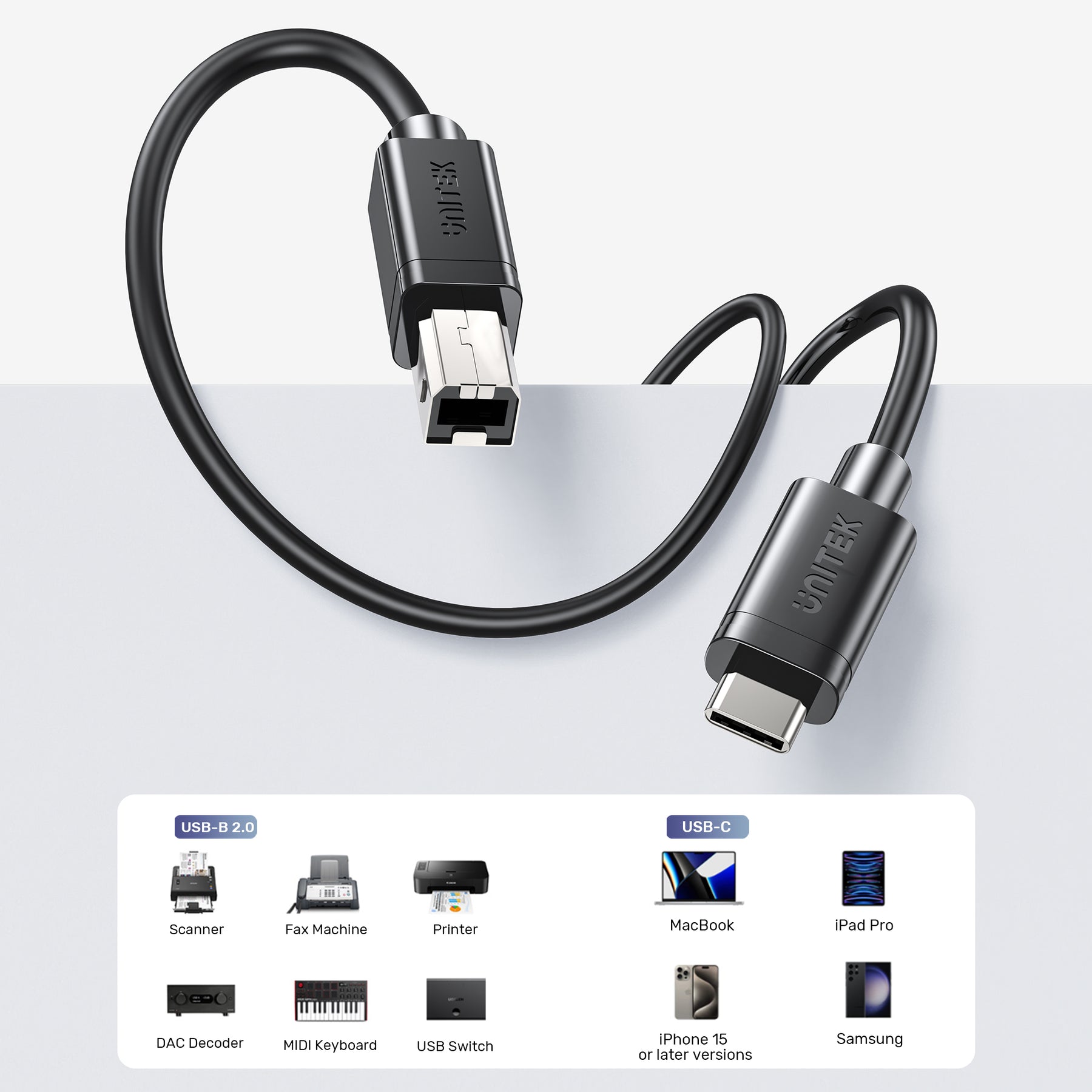 USB-C to USB-B Data and Charging Cable