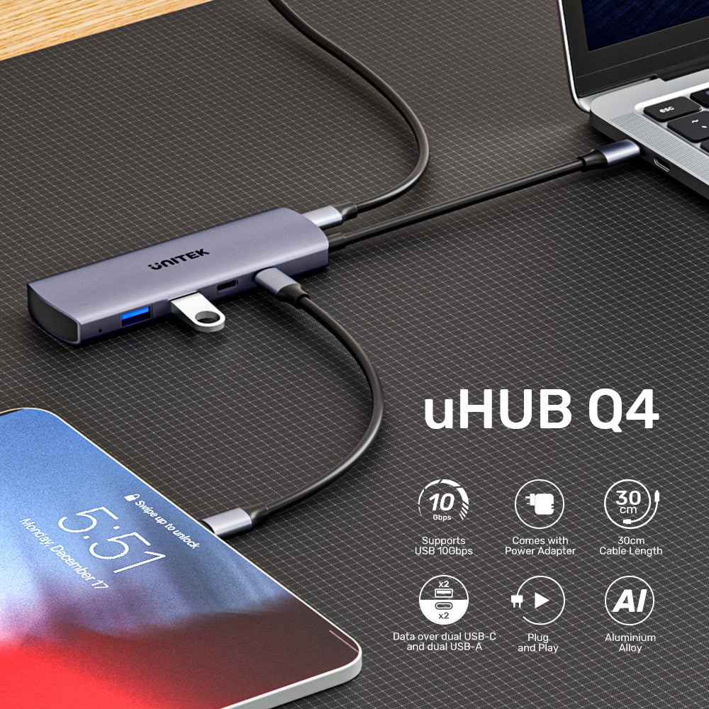 uHUB Q4 4-in-1 10Gbps USB-C Hub with 2 USB-A & 2 USB-C Ports