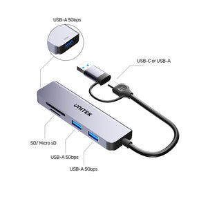 uHUB P5+ 5-in-1 USB 5Gbps Hub with SD and Micro SD Card Reader