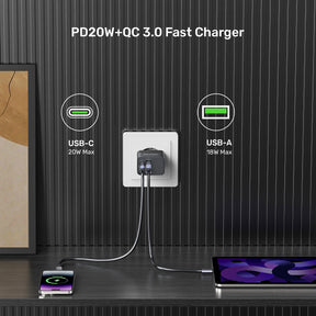 20W Wall Charger (Dual Port QC + PD 3.0 Power Adapter)